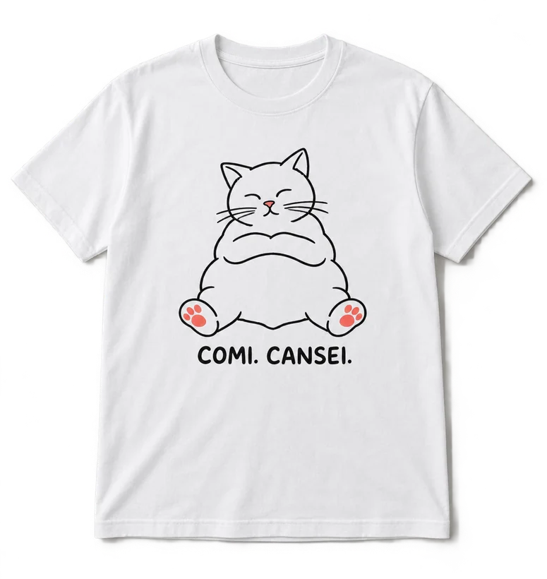 Camisola branca com a estampa “COMI. CANSEI.”